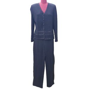 St. John Evening Pant Suit 6 Black Santana Knit Metallic Trim Wide Leg Vintage